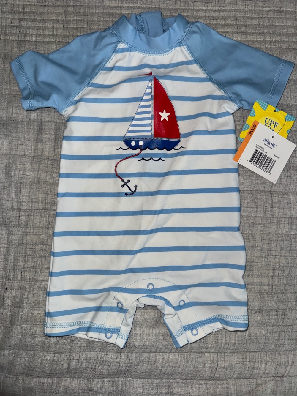 Little Me Blue & White Striped Baby Rashguard Romper